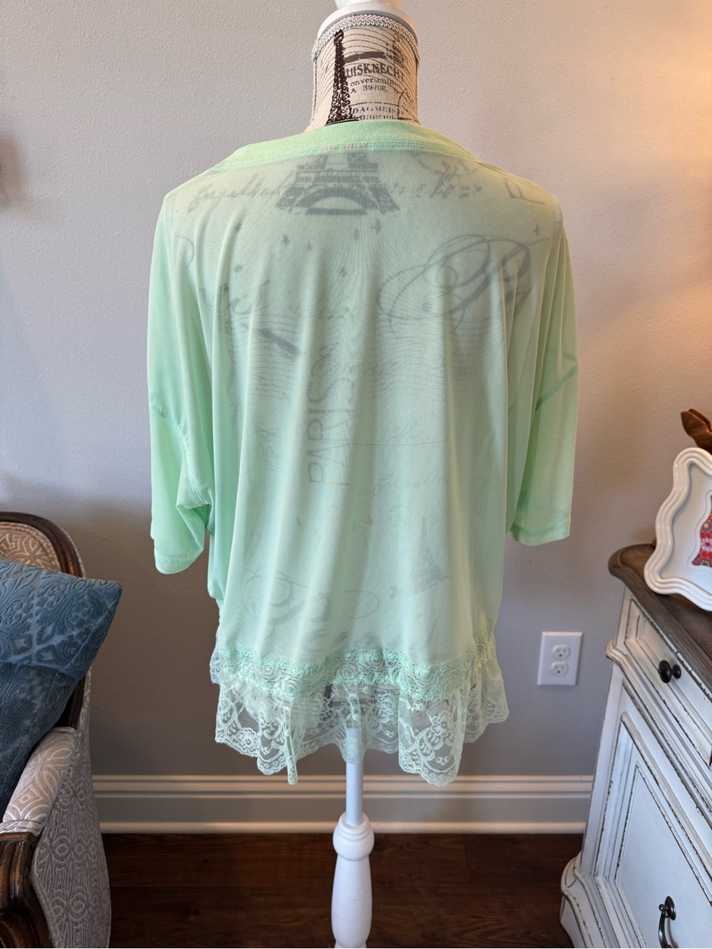 New Without Tags Anthropology Sheer Lace-Trim Mint Green Women’s Top - Picture 4 of 9